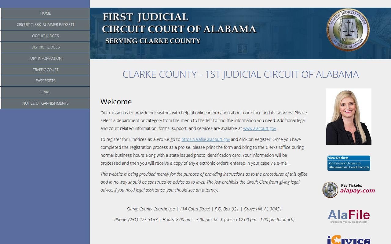 First Judicial Circuit page for Clarke County warrant records