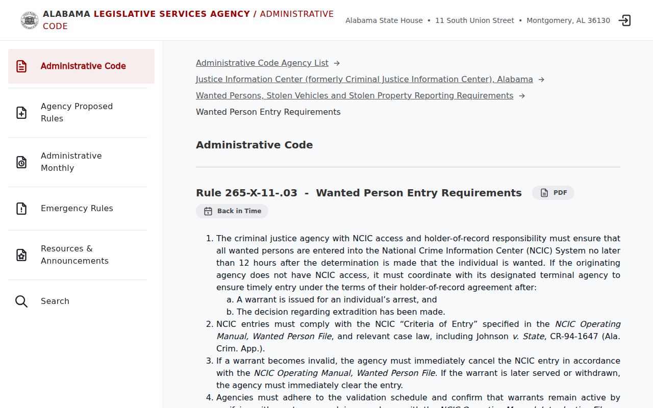 Alabama wanted-person data rule for Clarke County active warrant records